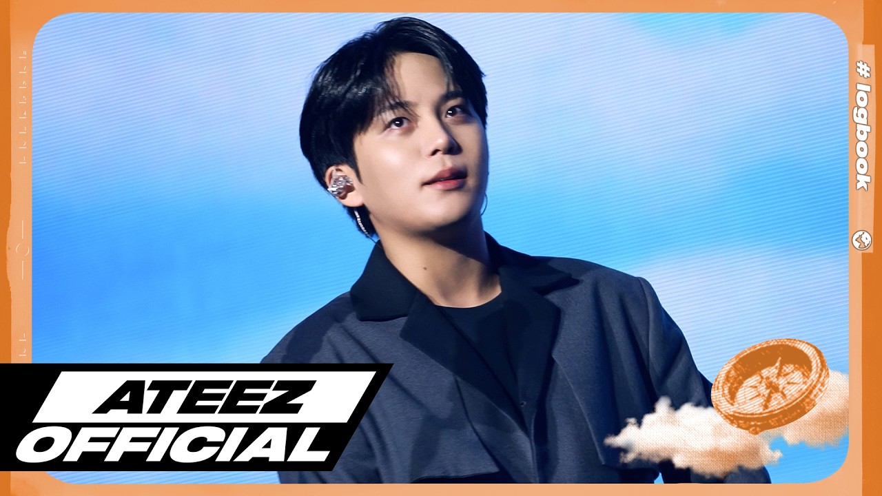 ATEEZ members on stage with a vibrant lighting backdrop, from their 'IN YOUR FANTASY in ASIA & AUSTRALIA #3' logbook video.