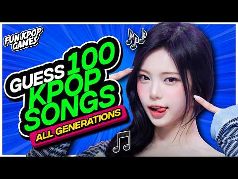 A colourful K-Pop quiz graphic with various K-Pop idols in the background, featuring the title 'GUESS 100 KPOP SONGS ALL GENERATIONS'.