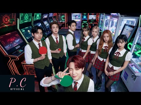 AI-generated image showing a stylized 'Lie Detector' MV teaser featuring BTS and BLACKPINK members