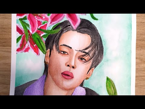 A detailed watercolor and acrylic drawing of BTS's Jimin, captured from a YouTube video.