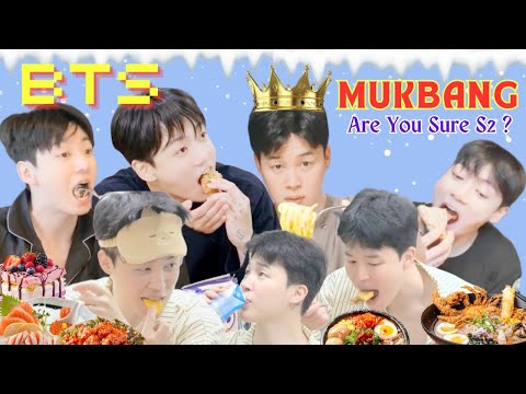 BTS members Jungkook, Jimin, and V enjoying various foods in a mukbang compilation video.