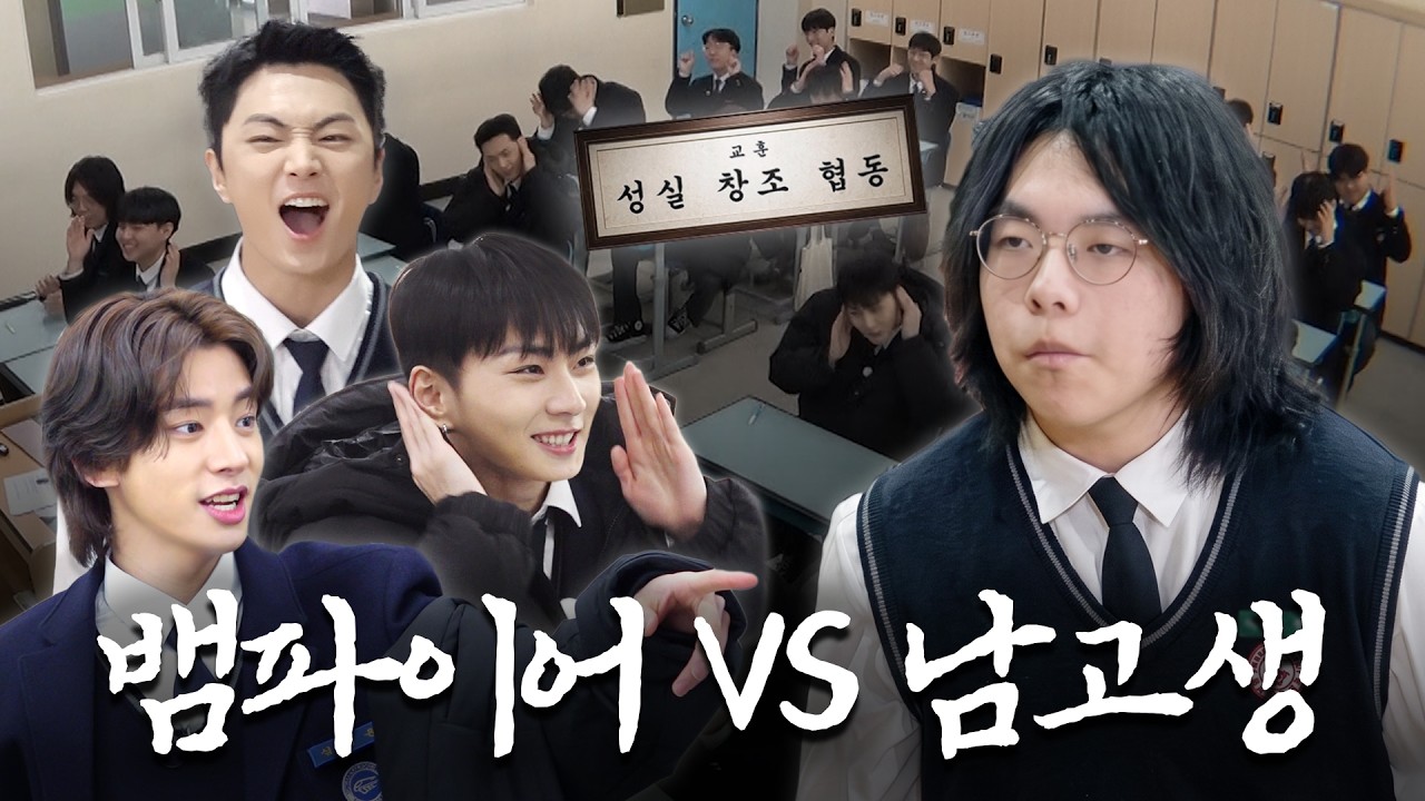 ENHYPEN members in a school classroom setting with vampire concept elements