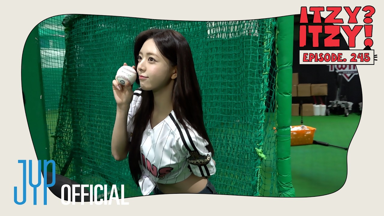 ITZY's Yuna on a baseball field, smiling and holding a baseball, with 'LG Twins' branding visible.