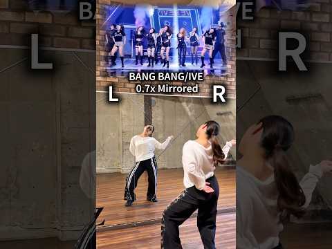 IVE members performing 'BANG BANG' choreography in a mirrored dance practice video.