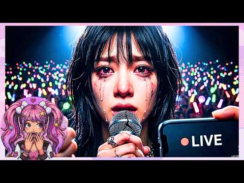 LE SSERAFIM members on stage with a viral video overlay, representing a vocal controversy