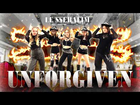 Raspberries Cover Dance Team performing LE SSERAFIM's UNFORGIVEN in a public space