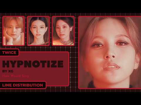 TWICE members' names overlaid on XG's 'HYPNOTIZE' album art in a line distribution video thumbnail.